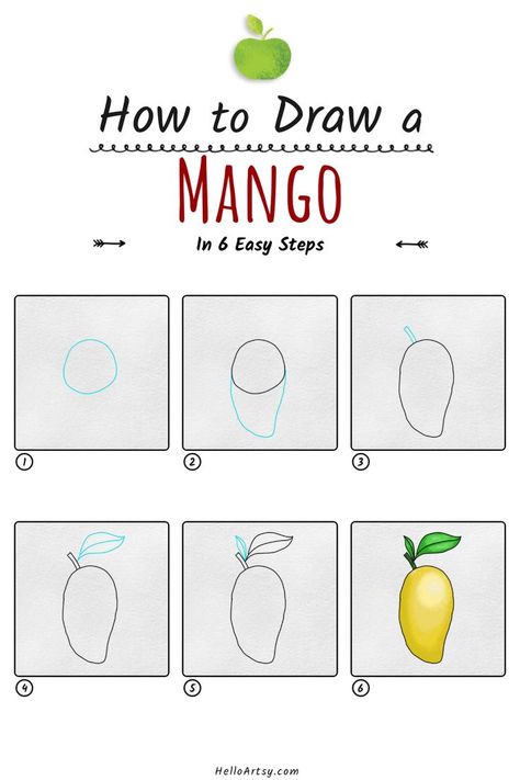 Step by step images demonstrating how to draw a mango drawing for kids - A Drawing Lesson for Beginners! Mango Drawing For Kids, Mango Drawing, Drawing Lessons For Kids, Fruits Drawing, Fruits For Kids, Drawing Lesson, Easy Lessons, Mango Fruit, Easy Drawings For Kids