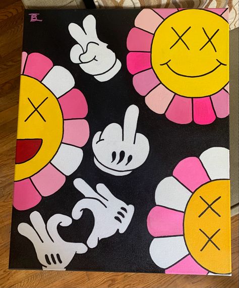 Canvas Art Design Painting Ideas Cartoon, Y2k Painting Ideas, Y2k Painting, Painting Ideas Halloween, Kaws Painting, Pink Canvas Art, Arte Van Gogh, Canvas Drawing, Hippie Painting