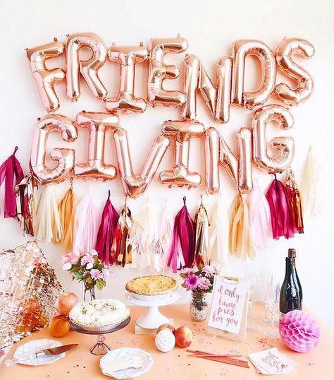 Life Between Cakes on Instagram: “Can’t wait for our #friendsgiving tomorrow!! 🎂🦃 #repost @ohshinypaperco” Friendsgiving Balloons, Friendship Printables, Fun Thanksgiving Games, Rose Gold Letter Balloons, Friendsgiving Dinner Party, Friends Giving, Friendsgiving Decorations, Friendsgiving Food, Thanksgiving Friendsgiving