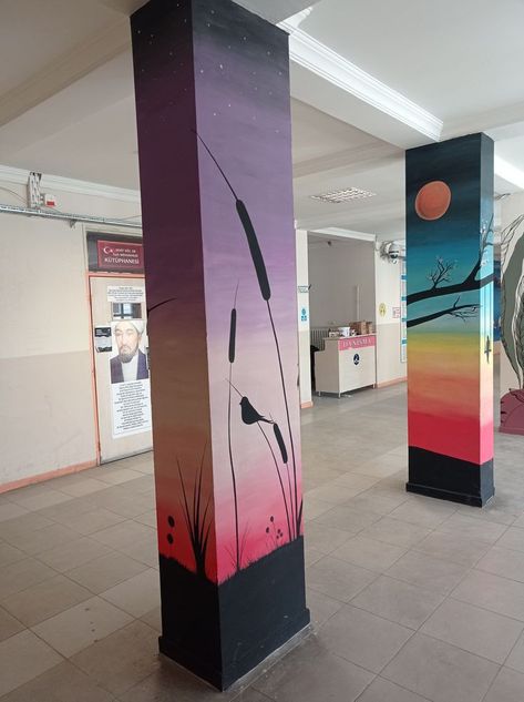 Pillar Painting Ideas, Pillar Painting, Column Graphics, Wall Design Painting, New School Design, Wall Design Painted, 3d Floor Art, Column Decoration, 3d Art Painting