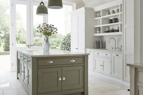 Sage Green Country Kitchen | Tom Howley Green Country Kitchen, Tom Howley Kitchens, Modern Country Kitchens, Sage Green Kitchen, Kitchen Ideals, Gray And White Kitchen, Two Tone Kitchen, New Kitchen Cabinets, Shaker Kitchen