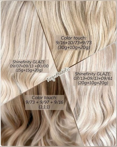 Wella Blonde Toner Formula, Wella Ash Blonde, Pearl Blonde Formula, Wella Formulas Blondes, Wella Blonde Toner, Blond Formula, Wella Hair Color Formulas, Wella Colour Touch, Wella Shinefinity