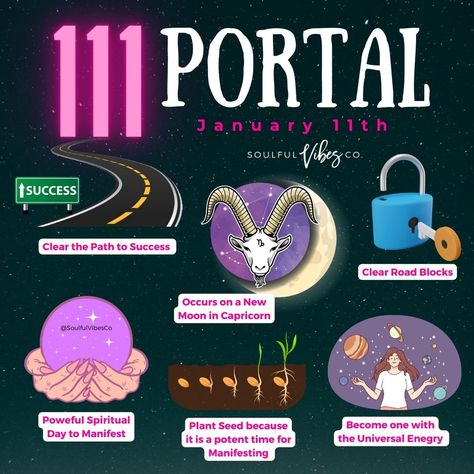 The 111 Portal is an incredibly potent and transformative day for manifestation and spiritual growth. The number 111 holds deep spiritual significance, symbolizing a powerful alignment with the universe and the manifestation of one's desires. When this number is combined with the energy of a new moon in Capricorn, its effects are amplified even further So, take advantage of the 111 Portal and embrace this powerful opportunity for manifestation and spiritual growth. #111 #111portal #svctribe 1212 Portal Affirmations, Lion Gate Portal Manifestation, 11/11 Portal Manifestation, Moon Cycle Manifesting, 11/11 Portal Affirmations, Capricorn Moon, Levels Of Consciousness, New Moon, Spiritual Growth