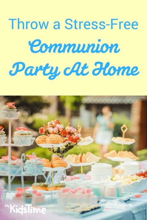 Throw A Stress-Free Communion Party At Home | MyKidsTime First Communion Party Ideas, Confirmation Ideas, First Communion Banner, Catholic Confirmation, Confirmation Party, Holy Communion Party, First Communion Cakes, Boys First Communion, First Communion Decorations