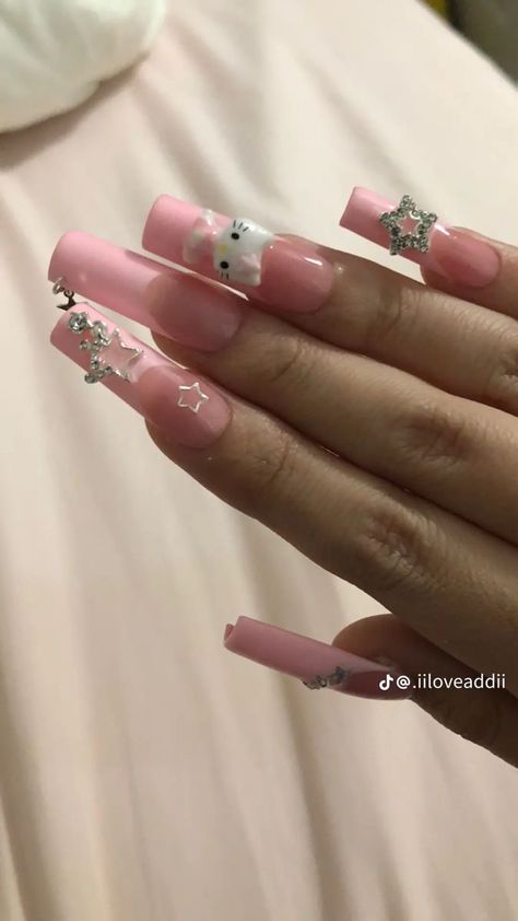 Long Gel Nails Ideas, Hello Kitty Nails Long, Kawaii Nails Acrylic, Hk Nails, Cute Pink Nails, Grunge Nails, Hello Kitty Nails, Really Cute Nails, Kawaii Nails