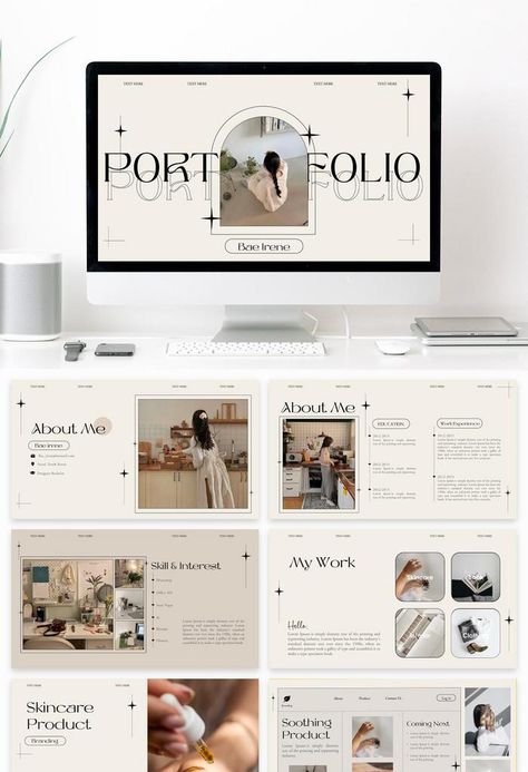 Portfolio Design Layout Powerpoint, All About Me Slide Ideas, All About Me Presentation Ideas, Powerpoint Portfolio Design, Aesthetic Power Point Presentation, Design School Portfolio, Cute Presentation Design, About Me Presentation Ideas, Powerpoint Aesthetic Templates