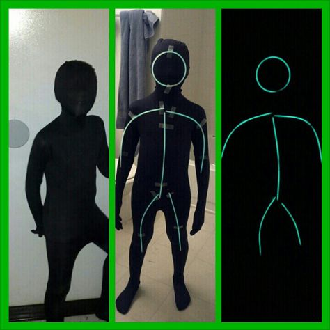 My son went as a stick person for Halloween using a Morph Suit Black Morph Suit Costume Ideas, Morph Suit Costume Ideas, Suit Costume Ideas, Black Morph Suit, Glow Stick Ideas, Kids Halloween Party Food, Morph Suit, Two Person Halloween Costumes, Shadow Costume