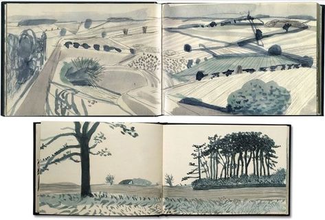 David Hockney Landscapes, Sketchbook Collage, David Hockney Art, Urban Illustration, Mixed Media Sketchbook, Artists Sketchbooks, Travel Sketching, Landscape Sketches, Art Painting Watercolor