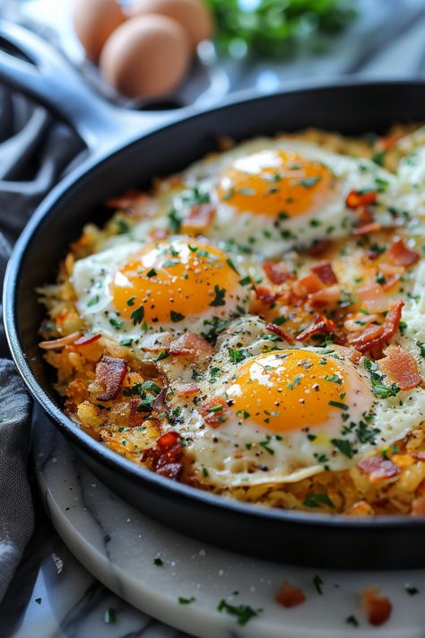 Baked dish with sunny-side-up eggs, chopped bacon, herbs, and grated cheese in a skillet. Breakfast Egg Bakes With Hashbrowns, Bacon Egg And Potato Breakfast Skillet, Hashbrown And Eggs Skillet, Loaded Breakfast Hash, How To Make Crispy Hashbrowns, Hashbrowns Breakfast Ideas, Restaurant Style Hashbrowns, Loaded Hashbrowns Skillet, Hashbrown Bowl Recipe