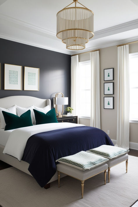 Discover the perfect blend of sophistication and comfort with this luxurious navy blue bedroom design. Featuring a high-quality, dark navy bed adorned with premium navy-toned linens, this space exudes elegance. Light gray walls and rich velvet curtains create a serene backdrop, while gold accents and plush throw pillows add a touch of opulence. #bedsidelamps #cozyarearug #sophisticateddecor #homebedroomrefresh #stylishbedroom #homedesign #interiordesign #bedroominspiration #bedroomdecorideas Blue Guest Bedroom, Navy Bed, Navy Blue Bedroom Ideas, Navy Blue Bedroom, Blue Bedroom Ideas, Navy Blue Bedrooms, Navy Bedding, Blue Bedroom Design, Navy Blue Walls