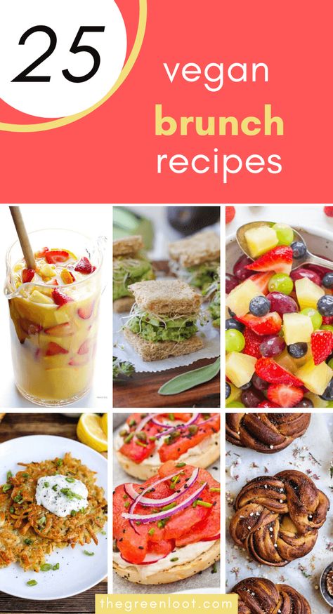 These Easy Vegan Brunch Recipes are perfect for a crowd! Host the best breakfast/lunch party ever and impress your vegan and non-vegan guests. | The Green Loot #vegan #veganrecipes Vegan Brunch Ideas, Vegan Brunch Recipes, Vegetarian Brunch, Vegan Breakfast Easy, Vegan Brunch, Vegan Banana Bread, Savory Vegan, Birthday Brunch, Brunch Menu