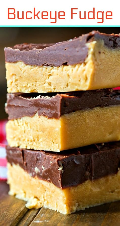 Buckeye Fudge with a peanut butter layer topped by a chocolate layer. Buckeye Fudge, Creamy Peanut Butter Fudge, Fudge Recipes Easy, Butter Fudge, Homemade Fudge, Candy Recipes Homemade, Christmas Candy Recipes, Peanut Butter Fudge, Homemade Candies