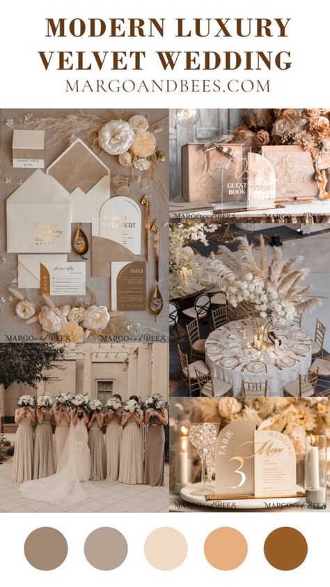 A gold and velvet beige wedding is the epitome of timeless elegance, combining opulence with understated charm. If you're captivated by the allure of this color scheme, here's a comprehensive planning guide to help you achieve the wedding of your dreams. 1. Wedding Invitations Set the tone for your elegant affair with wedding invitations featuring gold accents and velvet beige hues. Choose sophisticated fonts and a design that reflects your wedding's opulent theme. 2. Flowers Choose for neutral Beige Wedding Theme, Champagne Wedding Themes, Brown Wedding Themes, Champagne Wedding Colors, Wedding Motif, Taupe Wedding, Wedding Theme Color Schemes, Wedding Color Pallet, Wedding Motifs