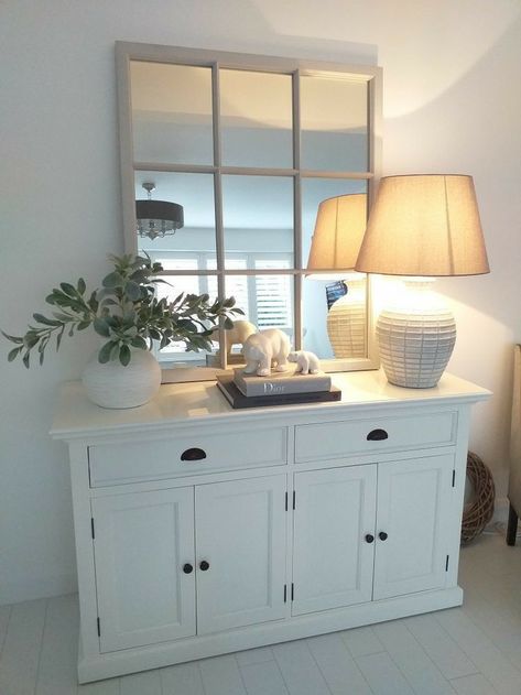 Grey Sideboard Decor, Sideboard Mirror Dining Room, Side Board Styling Living Room, Sideboard Decor With Mirror, Sideboard Styling With Mirror, Sideboard And Mirror, White Sideboard Decor Dining Room, White Sideboard Styling, Lounge Sideboard Ideas