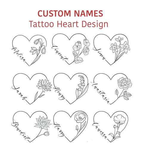 Heart With Name Tattoo Design, Grandma And Granddaughter Tattoos Matching, Heart Name Tattoos For Women, Couple Name Tattoos Ideas, Heart Tattoo With Name, Memorial Tattoos For Sister, Heart With Name Tattoo, Floral Heart Tattoo Design, Heart Name Tattoo