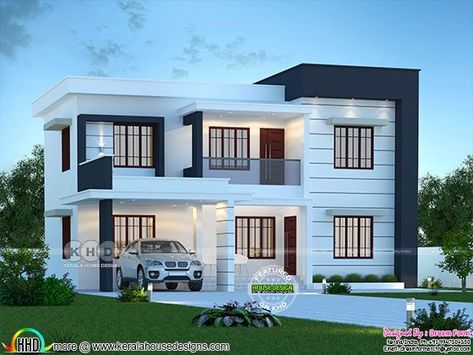 2070 sq-ft modern contemporary residence Floor Plans Contemporary, Kerala Home Design, Double Story House, Model Houses, Kerala Home, Flat Roof House, Modern Roofing, Hotel Plan, Front Elevation Designs