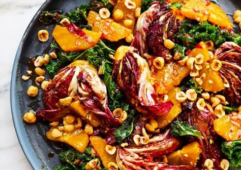 Grilled radicchio and kale salad with orange and hazelnuts | Ottolenghi Recipes Grilled Radicchio, Radicchio Recipes, Grilled Kale, Ottolenghi Recipes, Radicchio Salad, Kale Recipes, Yotam Ottolenghi, Orange Salad, Xmas Food