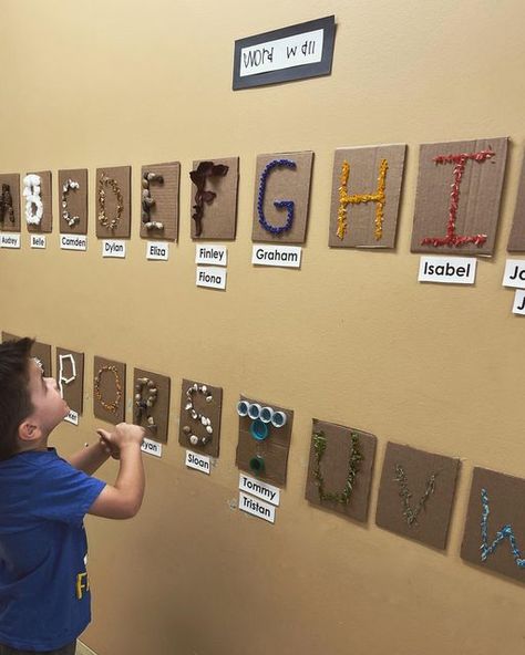 Abc Board Classroom, Reggio Inspired Alphabet Wall, Letter Wall For Preschool, Letters Reggio Emilia, Alphabet Wall Preschool, Writing Activity For Preschoolers, Art Literacy Activities Preschool, Alphabet Display Preschool, Reggio Alphabet Display