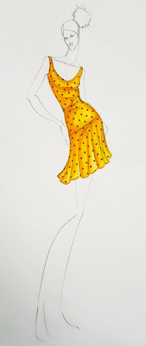 Polka Dot Fashion Illustration, Polka Dot Fashion, Dot Drawing, Drawing Dress, Dotted Drawings, Dress Sketch, Fashion Figure, Dots Dress, Polka Dots Fashion