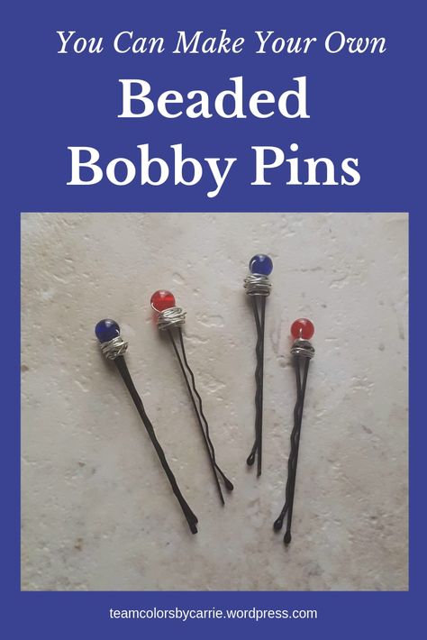 Making your own beaded bobby pins is a quick and easy craft. How about a bunch in your favorite team colors, for added game day style? Bobby Pin Crafts Diy, Diy Hair Beads, Bobby Pins Diy, Team Spirit Crafts, Beaded Hair Accessories, Beaded Bobby Pins, Hair Charms, Quick And Easy Crafts, Bead Hair Accessories