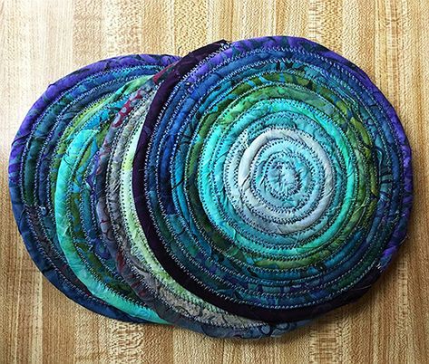 Jelly Roll Coaster Pattern, Jelly Roll Coasters, Rope Trivets, Quilting Digest, Coiled Fabric Basket, Coiled Rope, Rug Tutorial, Nancy Zieman, Scrap Fabric Crafts