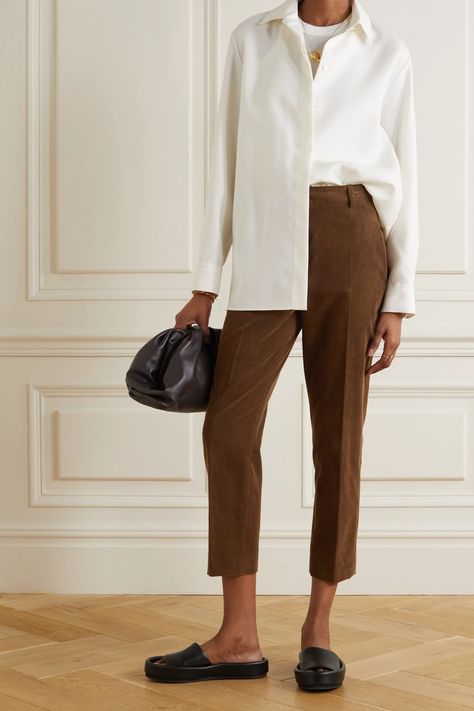 Net Porter, Ankle Pants Outfit, Brown Pants Outfit, Secret Closet, Work Fits, Brown Dress Pants, Office Casual Outfit, Simple Sandals, Chunky Loafers