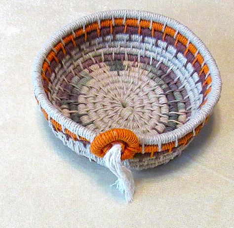 Handmade rope hemp basket, coiled art vessel, handmade basket, home decor, conversation piece, trinket basket, coiled bowl, one of a kind by collagemontageArts on Etsy Coil Wrapped Baskets, Crochet Coiled Rope Basket, Coiled Rope Basket, Basket Home Decor, Textile Coiled Basket, Small Notes, Cotton Core, Coiled Rope, Coiled Fabric Basket