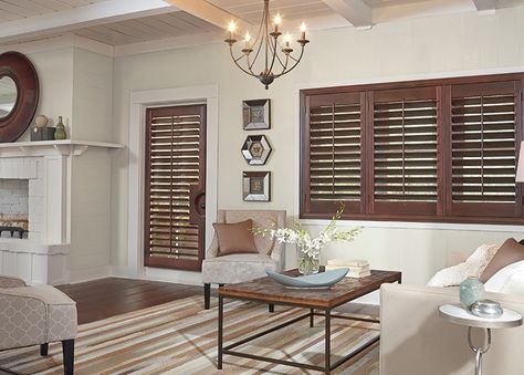 Window Shutters Indoor, Brown Shutters, Shutters Indoor, Cafe Shutters, Window Shapes, Energy Efficient Window Treatments, Living Room Shutters, Shutters Interior, Indoor Shutters