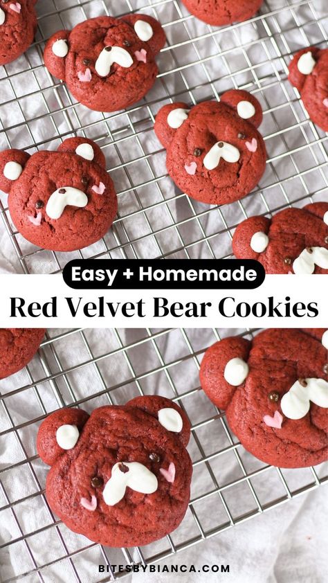 If you love cute baking ideas, bake these easy red velvet cookies decorated as bears! Cute, not too sweet, soft, red velvet bear cookies decorated with melted chocolate. Perfect for red velvet lovers and holidays, especially during the winter or for Valentine's Day! Cute, not too sweet, soft red velvet bear cookies decorated with melted chocolate. Perfect for red velvet lovers and special holidays! Add these kawaii cookies to your holiday baking ideas or sweet treat ideas or dessert ideas. Gourmet Holiday Desserts, Bear Cookies Decorated, Cute Baking Ideas, Easy Red Velvet Cookies, Sweet Treat Ideas, Homemade Christmas Desserts, Easy Icing Recipe, Best Vegan Cookies, Best Snickerdoodle Cookies