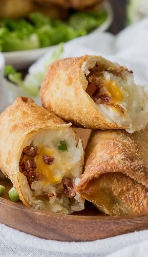 Loaded Baked Potato Egg Rolls Salty Appetizers, Potato Egg Rolls, Flavorful Mashed Potatoes, Caribbean Festival, Leftover Ideas, Loaded Baked Potato, Egg Roll Recipes, Delicious Appetizer Recipes, Loaded Potato