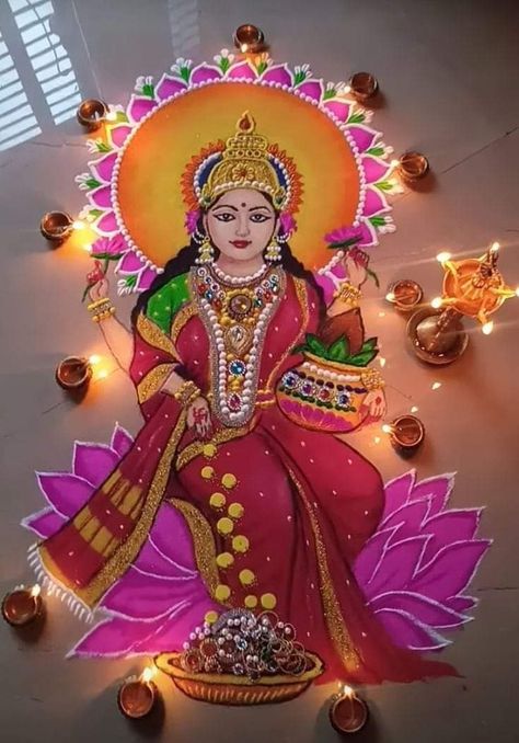 Laxmi Drawing For Diwali, Maa Laxmi Rangoli Design, Laxmi Devi Rangoli Designs, Lakshmi Devi Drawing Easy, Lakshmi Maa Rangoli, Maa Laxmi Rangoli, Indian Flag Rangoli, Deepawali Rangoli Designs Latest, Cake Board Painting Ideas