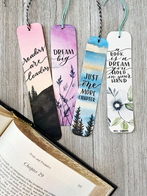 Hand Lettered Quote Watercolor Bookmark | Etsy Watercolor Bookmarks Ideas Aesthetic, Bookmark Quotes Inspiration, Watercolor Bookmarks Diy, Easy Watercolor Bookmarks, Bookmark Quotes, Beautiful Bookmarks, Bookmarks Quotes, Handmade Bookmarks Diy, Unique Quote