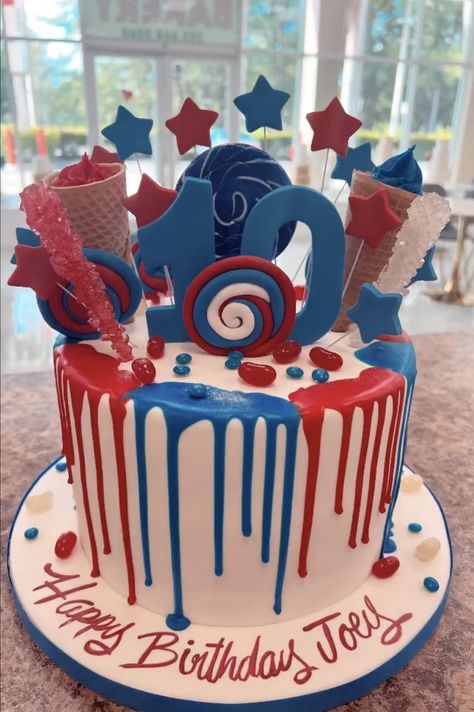 4th Of July Bday Cake, Usa Birthday Cake, Firework Cake Ideas, Red White And Blue Birthday Cake, Red And Blue Cake, 4th Of July Birthday Cake, Red Birthday Cakes, Blue Birthday Cakes, White Birthday Cakes