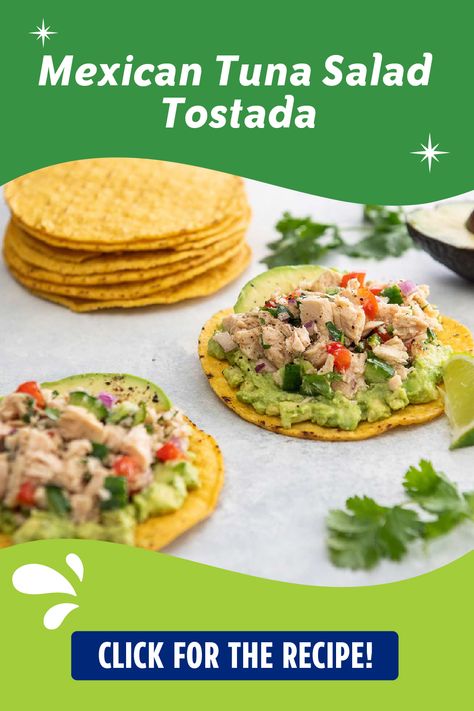 It's time to add spice back into your life this summer with these Mexican Tuna Salad Tostadas! 🌞🌮 Mexican Tuna Tostadas, Mexican Tuna Salad, Tuna Tostadas, Mexican Tuna, Chicken Of The Sea, Mashed Avocado, Canned Chicken, Tuna Salad, Lettuce Wraps