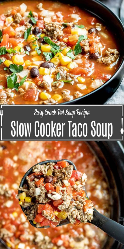 This slow cooker taco soup is one of the best comfort foods for the summer, fall, or winter. Loaded with ground beef, black beans, taco seasoning, and ranch dressing mix, topped with sour cream, and cheese, and scooped up on tortilla chips. This is the BEST Crock Pot taco soup. Serve it on game day or as an easy weeknight dinner for families. Enjoy this black bean taco soup as any easy lunch or dinner. Best Taco Soup Recipe Crockpot, Creamy Beef Taco Soup Crock Pot, Slow Cooker Creamy Taco Soup, Slow Cooker Recipes Taco Soup, Taco Soup The Cozy Cook, Taco Soup Crock Pot, Crock Pot Tacos, Taco Soup Recipe, Slow Cooker Tacos