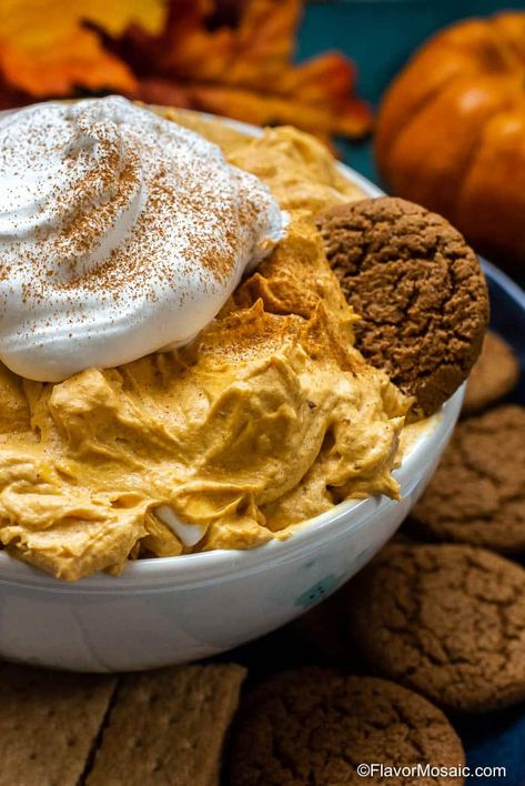 Pumpkin Fluff is an easy, no-bake pumpkin dessert dip, made with only five ingredients, and is perfect to serve for a Fall party or holiday dinner. #PumpkinFluff #PumpkinDip #NoBakePumpkinDessert #PumpkinDessert #FlavorMosaic Pumpkin Dessert Dip, Pumpkin Fluff Dip, Pumpkin Spice Desserts, Canned Pumpkin Recipes, Pumpkin Fluff, Habanero Salsa, Dessert Dip, Pumpkin Dip, Fluff Recipe