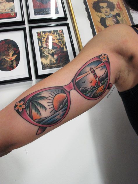 done by @deivid_tattooer . #paradise #summertime #glasses #traditionaltattoos #bcntattoo #oldschooltattoo #classictattoo #traditional #tattoos #barcelona Rose Colored Glasses Tattoo, Sunglasses Tattoo Ideas, Sunglasses Tattoo, Friends Tattoos, Beach Goth, Glasses Tattoo, Paradise Tattoo, Traditional Style Tattoo, Goth Tattoo