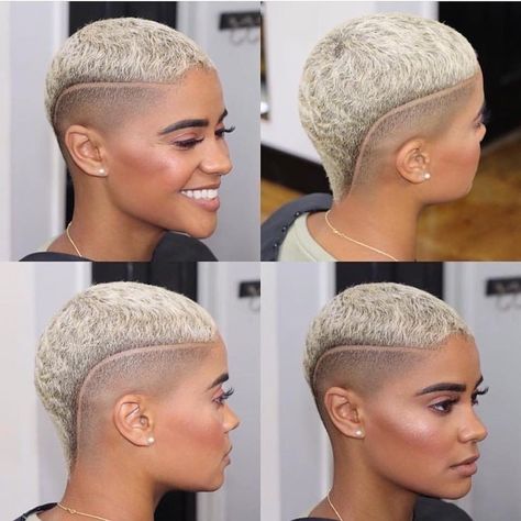 Barber Designs In Hair Women, Black Women Bald Fade With Part, Black Women Low Fade Haircut, Female Wavers With Designs, Low Fade Haircut Women, Bald Fade Women Black, Short Shaved Hair, Fade Haircut Women, Short Platinum Blonde Hair