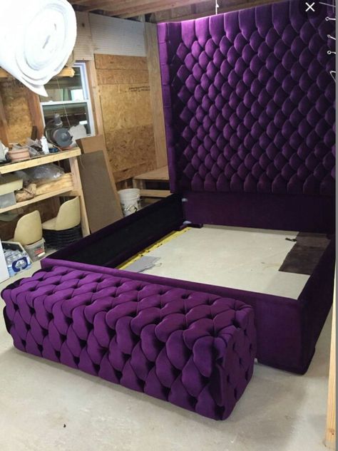 Purple Bed Frame, Purple Bed, Bedroom Revamp, Purple Furniture, Headboard Ideas, Purple Mattress, Purple Bedding, Head Board, Tall Headboard