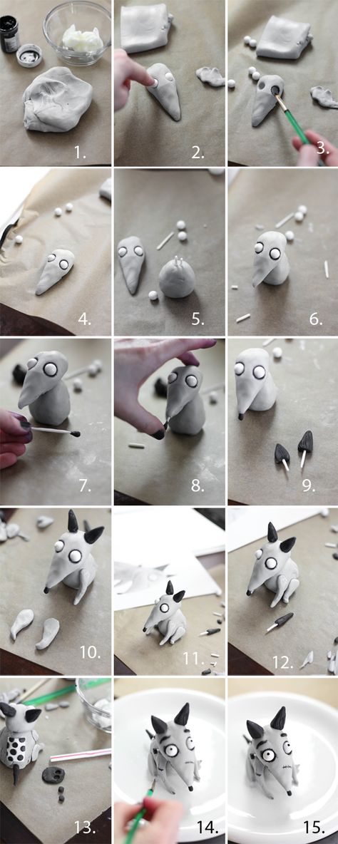 Frankenweenie "Sparky" Cake Tutorial Crea Fimo, Polymer Clay Animals, Clay Animals, Fimo Clay, Clay Figures, Sculpting Clay, Polymer Clay Charms, Polymer Clay Projects, Polymer Clay Tutorial