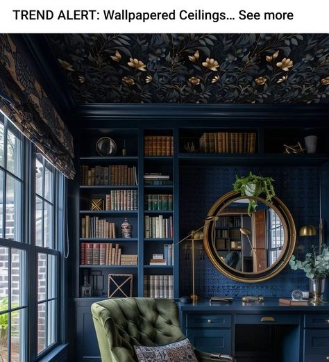 Whimsigoth Library, Ravenclaw Office, Jewel Tone Library, Dark Blue Library Room, Blue Moody Living Room, Blue Dark Academia Bedroom, Moody Blue Office, Dark Blue Library, Library Blue Aesthetic