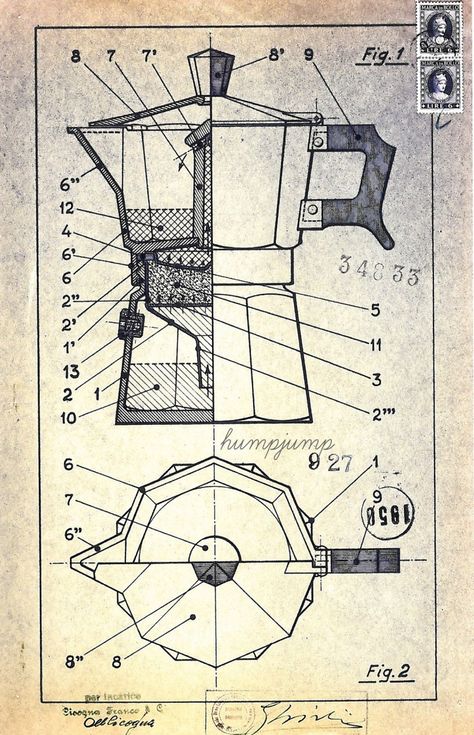 Bialetti Moka, Patent Art Prints, Technical Illustration, Drawn Map, Coffee Drawing, Chef Kitchen, Patent Drawing, Industrial Design Sketch, Production Design