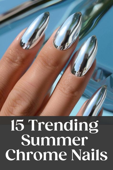 15 shiny, reflective chrome nails on a blue background, text: "15 Trending Summer Chrome Nails". Mirror Chrome Nails Silver, Unicorn Chrome Nails Designs, Summer Chrome Nails 2024, Silver Chrome Nails Designs, Fun Chrome Nails, Chrome Dip Nails, Summer Chrome Nails, Metallic Nail Colors, Chrome Nail Colors