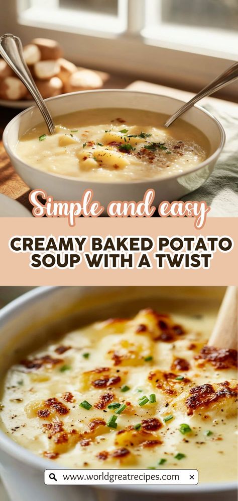 Elevate your soup game with our creamy baked potato soup that comes with a twist! Infused with roasted garlic and topped with a medley of fresh herbs, this savory potato chowder is a delightful spin on a classic favorite. The combination of rich, creamy texture and nutty flavors will make this dish a standout at any gathering. Customize it with additional toppings like sour cream or Greek yogurt for a nutritious boost. Perfect for those cozy evenings when you crave something special! Quick Easy Family Meals, Baked Potato Soup Recipe, Making Baked Potatoes, Potato Chowder, Greek Potatoes, Gourmet Dishes, Recipes Meal Prep, Baked Potato Soup, Potato Soup Recipe