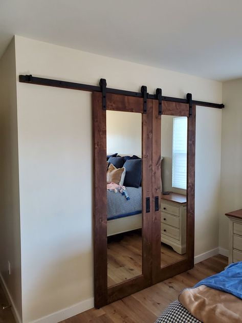 Closet Doors | Barn Door Dudes Double Barn Doors Sliding Closet, Mirrored Closet Barn Door, Barn Door Closet With Mirror, Closet Barn Door With Mirror, Double Mirror Barn Door Closet, Mirror Closet Doors, Barn Door Closet, Beach Condo, Closet Doors