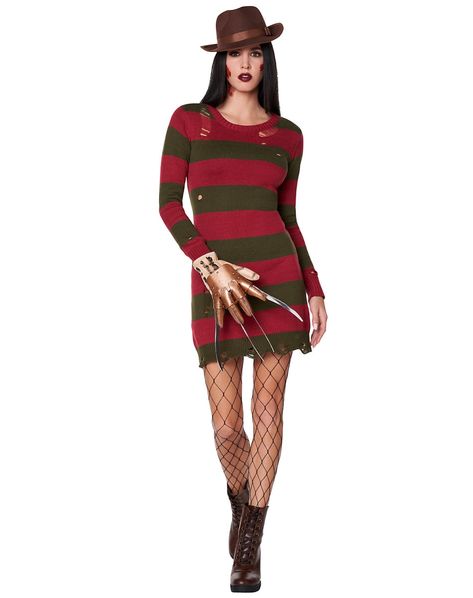 Nightmares come true in this Freddy Krueger sweater dress! This long-sleeved dress features Freddy's signature red and brown stripes and thoughtfully placed tatters and tears add bone-chilling character to this sweater dress. Pair it with your favorite Freddy Krueger accessories (sold separately) to complete your transformation into a horror icon. Officially licensed Includes: Sweater dress Crew neck Long sleeves Material: Cotton, acrylic Care: Hand wash Imported Note: Hat, shoes, glove, and sto Scariest Womens Halloween Costumes, Horror Costume Female Saw, Saw Costumes For Women, Plus Size Hot Halloween Costumes, Freddy Krueger Sweater, Freddy Krueger Costume, Horror Costume, Black Halloween Dress, A Nightmare On Elm Street