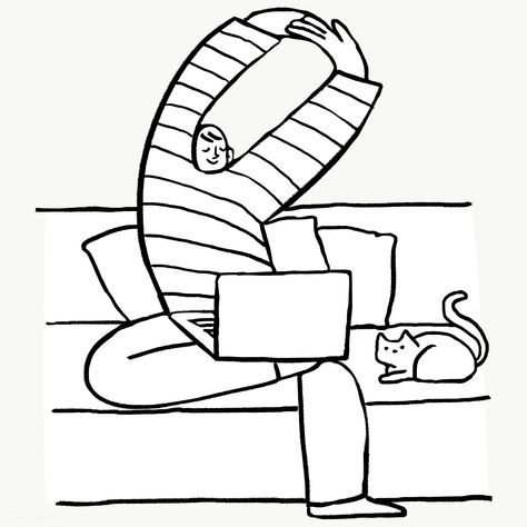 Man Working Illustration, Work From Home Drawing, Work From Home Illustration, Doodle Man, Sitting Illustration, Line Character, Illustration Man, Cat Work, Man Working