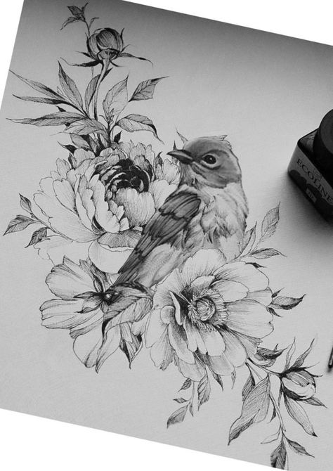 Love the hell out of this.   No bird.   Peony and Trillium.   Peony have some texture but be soft no harsh outlines.  Maybe a few branches Bird And Flower Tattoo, Vogel Tattoo, Tier Tattoo, Tattoo Zeichnungen, Bird Sketch, Tattoo Desings, Birds Tattoo, Bird Drawings, Tattoo Design Drawings