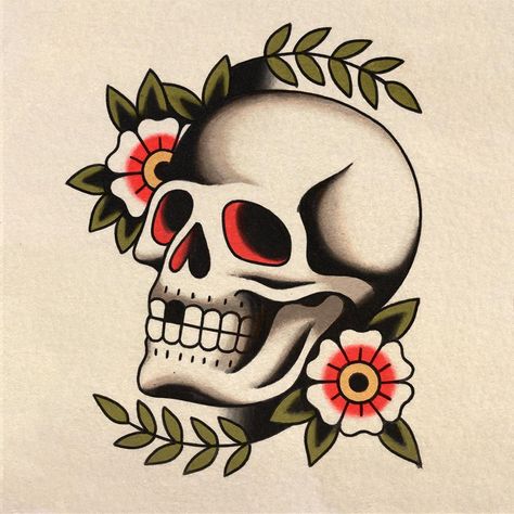 BECCA on Instagram: “Q’s been rough..here’s a skull💀🌺” Skull Tattoo Flash Sheet, Tradition Skull Tattoo, Sailor Jerry Skull Tattoo, Skull Traditional Tattoo Design, Traditional Tattoo Art Skull, Traditional Skull And Flower Tattoo, Trad Skull Tattoo Design, Skull With Sunglasses Tattoo, American Traditional Skulls