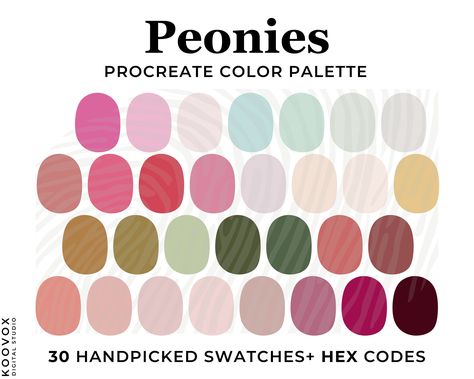 Floral Color Palette for Procreate, Hex Codes, Color Procreate Swatches, Procreate Palette, Pink Peonies Floral palette, Pink Peony Flowers by KoovoxDigitalStudio on Etsy Peony Colors Chart, Procreate Swatches, Floral Color Palette, Procreate Tools, Color Palette For Procreate, Floral Palette, Procreate Palette, Peony Colors, Procreate Color Palette